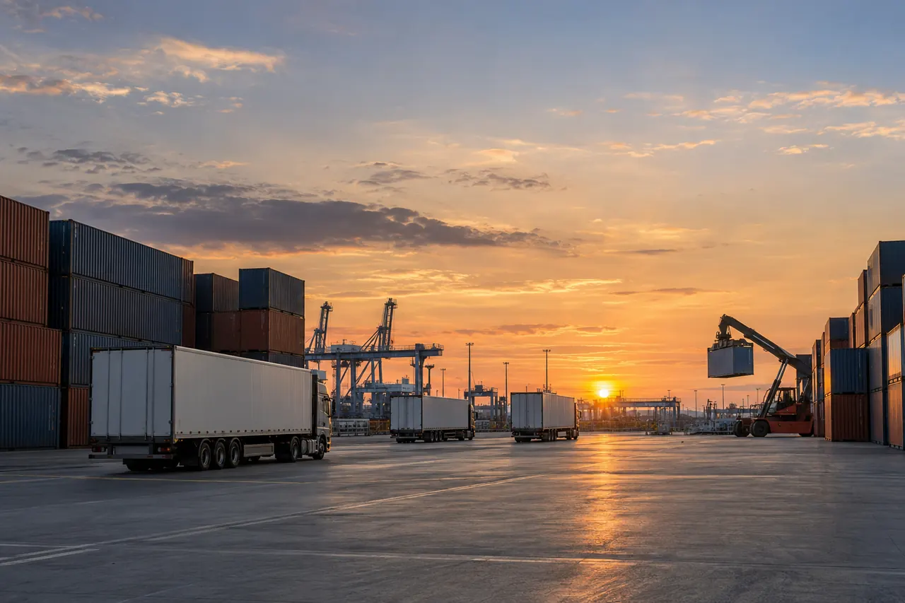 Remolques y contenedores alineados en una terminal de carga al atardecer.