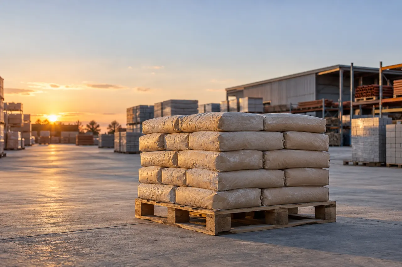 Palet con sacos de material de obra en el patio de un almacén, a última hora de la tarde.