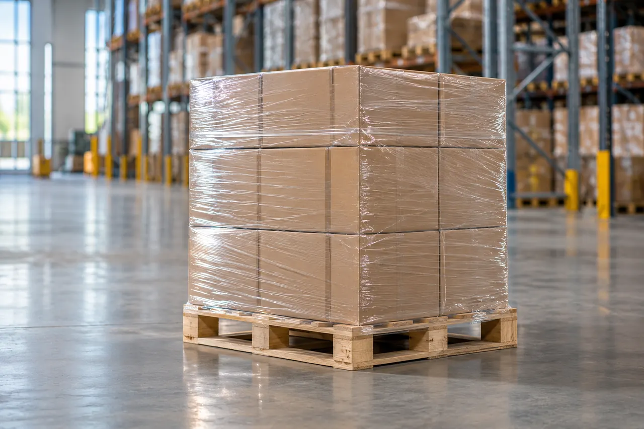 Cajas de cartón apiladas al milímetro sobre un europalet de madera, en un almacén de suelo pulido.