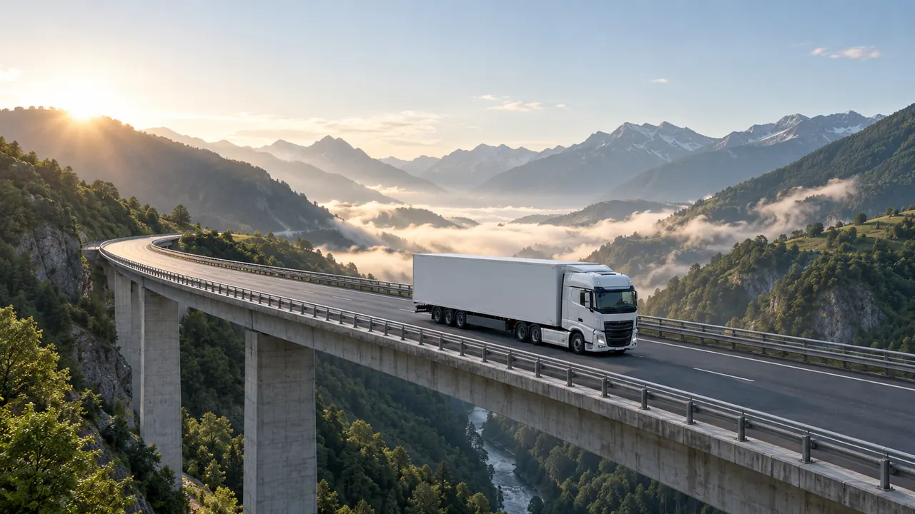 Primera luz de la mañana y niebla entre montañas al paso de un camión articulado sin rótulos.